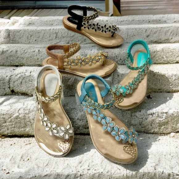 Restocked! Italina Peachy Tan Floral Rhinestone Gold Woven Flat Sandal - Picture 8 of 12